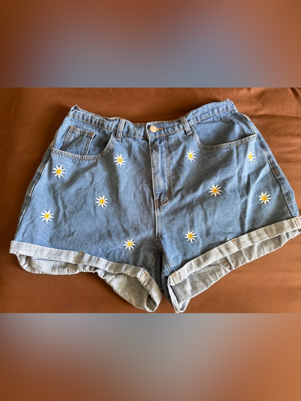 SHEIN Blue Denim Daisy Embroidered High-Waist Shorts